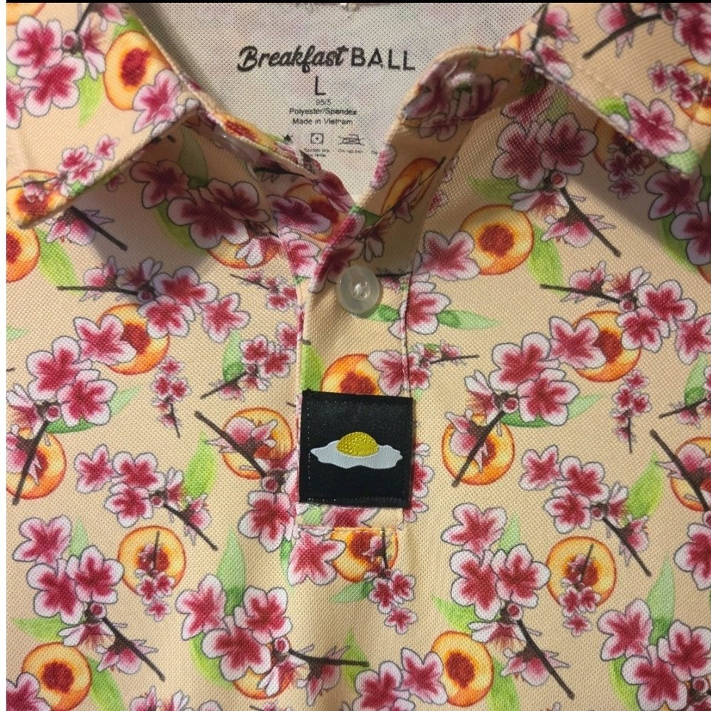 Breakfast Ball RSVLTS Mens Peach Cherry Blossom Floral Golf Polo Shirt Tan Large - Picture 2 of 4